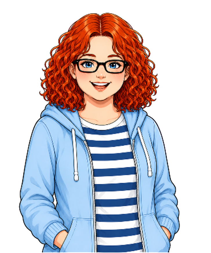 Comic-Illustration der Autorin Elisa Morel mit lockigen roten Haaren, Brille und blauem Kapuzenpullover.